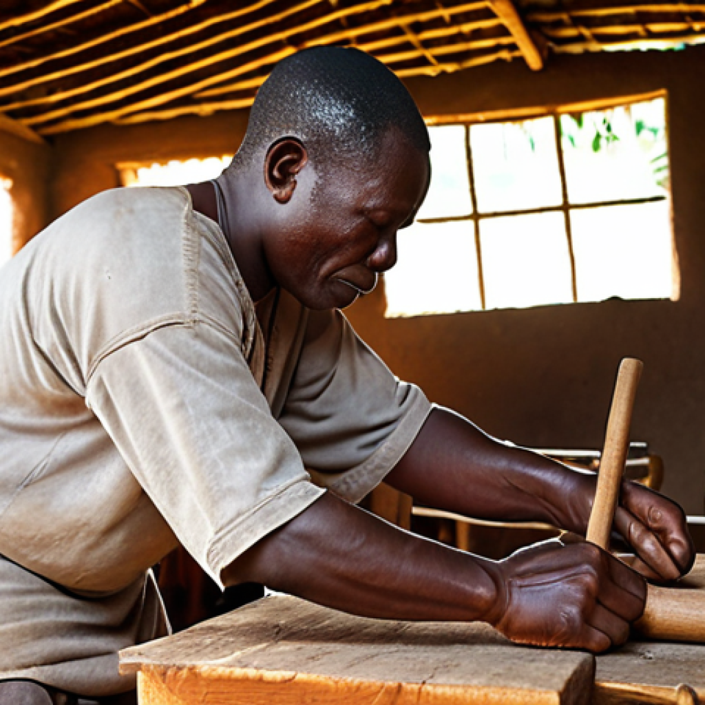 A skilled craftsman meticulously carving a Balafon from wood in a Liberian village workshop. The scene captures the artistry and dedication involved in creating the instrument, with tools scattered around and sunlight streaming in. Focus on the texture of the wood, the craftsman's focused expression, and the traditional setting.