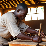 A skilled craftsman meticulously carving a Balafon from wood in a Liberian village workshop. The scene captures the artistry and dedication involved in creating the instrument, with tools scattered around and sunlight streaming in. Focus on the texture of the wood, the craftsman's focused expression, and the traditional setting.
