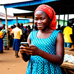 A young adult in Liberia, fully clothed in modest, traditional Liberian attire, confidently using a smartphone to send money via a mobile money app. They are standing in a bustling local market, with vibrant colors and friendly faces in the background, symbolizing the widespread adoption of digital finance. The scene is well-lit, capturing a sense of progress and accessibility. safe for work, appropriate content, perfect anatomy, correct proportions, natural pose, well-formed hands, proper finger count, natural body proportions, family-friendly, high quality, professional photography.