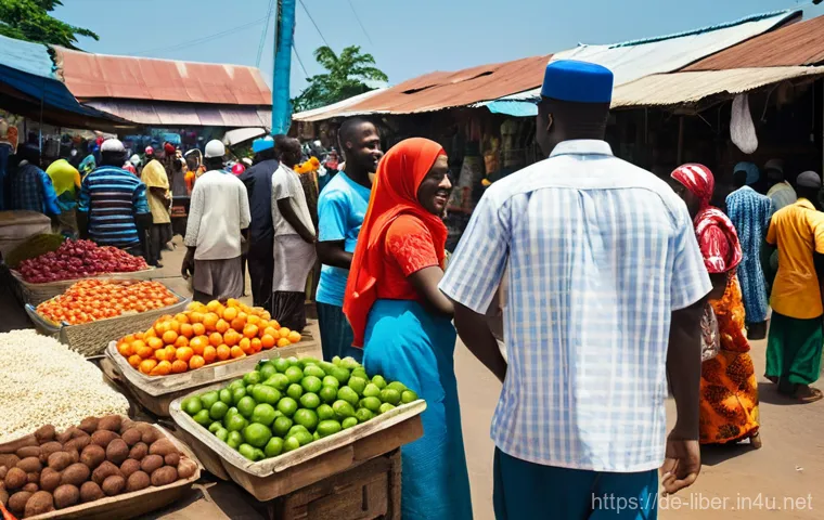 라이베리아 주요 종교 기독교와 이슬람교 - **A Harmonious Liberian Market Scene:**
    A vibrant, sun-drenched market scene in a bustling Liber...