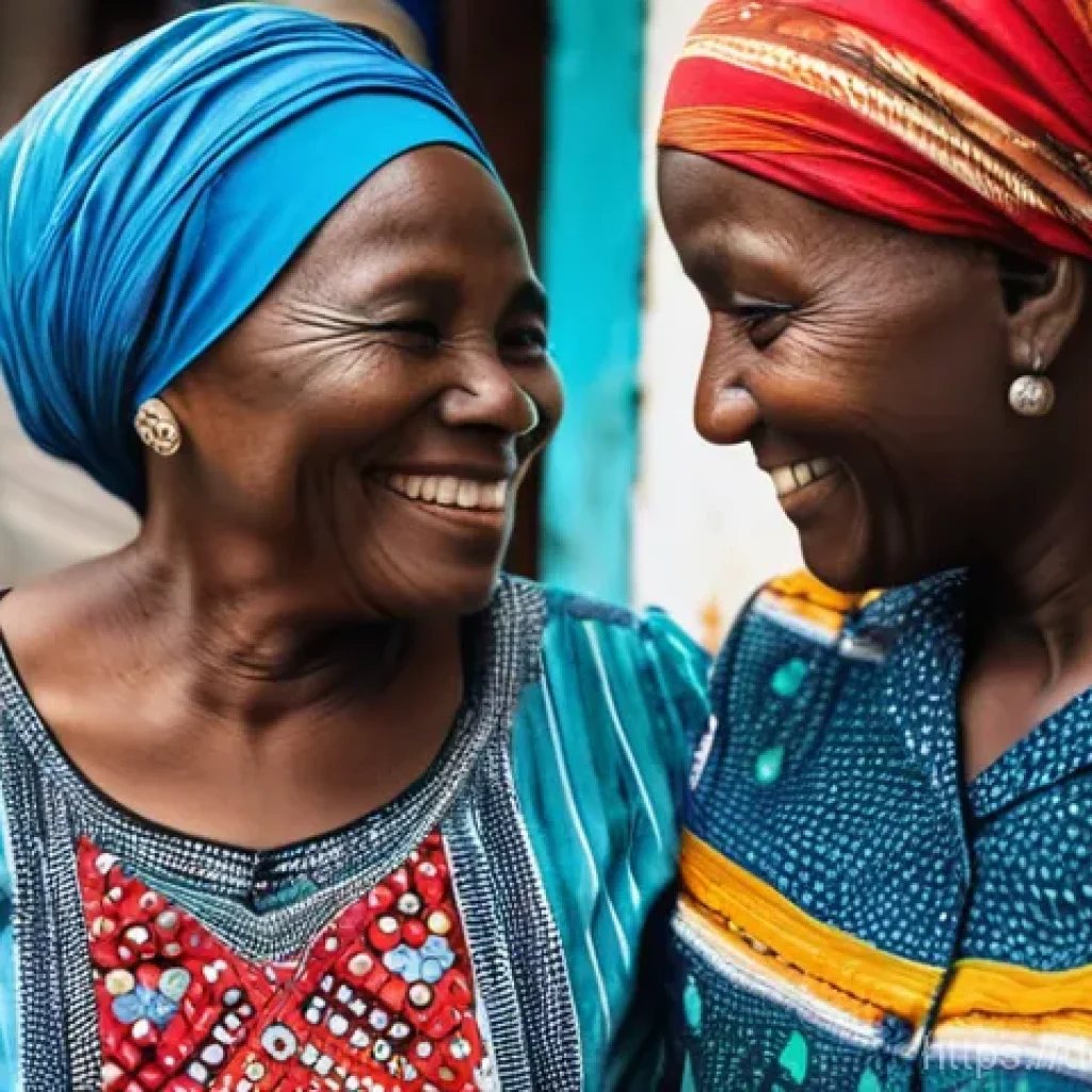 라이베리아에서 현지인과 소통하는 법 - The Heartfelt Greeting in Monrovia**
Prompt: A vibrant, close-up shot capturing a genuine, warm inte...