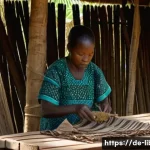 Home 20 라이베리아의 전통 공예품과 직물 - A detailed scene of a Liberian artisan workshop showcasing traditional barkcloth production: a skill...
