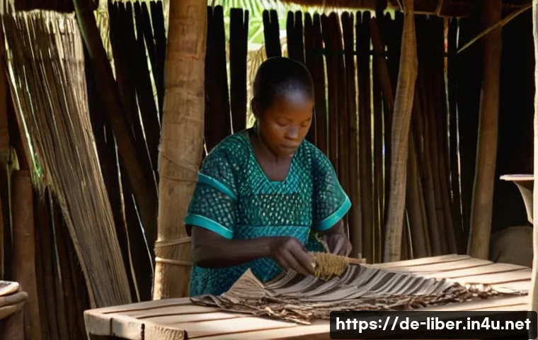 라이베리아의 전통 공예품과 직물 - A detailed scene of a Liberian artisan workshop showcasing traditional barkcloth production: a skill...