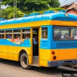 Home 19 라이베리아 대중교통 이용법 - A bustling city street scene in Liberia showing a vintage public bus painted in bright colors with h...