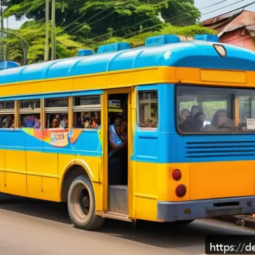 Home 31 라이베리아 대중교통 이용법 - A bustling city street scene in Liberia showing a vintage public bus painted in bright colors with h...