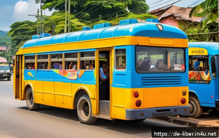 라이베리아 대중교통 이용법 - A bustling city street scene in Liberia showing a vintage public bus painted in bright colors with h...