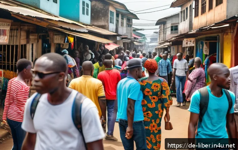 라이베리아에서 사용할 수 있는 통신사 및 SIM 카드 - A bustling Monrovia street scene showcasing modern urban life in Liberia, with people using smartpho...