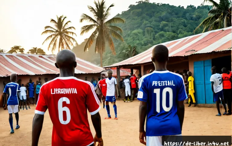 라이베리아의 축구 문화와 대표팀 - Photorealistic wide-angle scene of a lively community football match in Monrovia, Liberia, young pla...